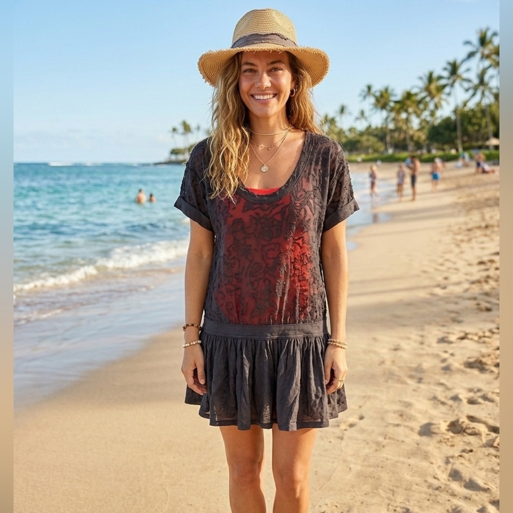Free People Beach Sheer Floral Burnout Mini Dress Swim Cover-Up Gray Oversized